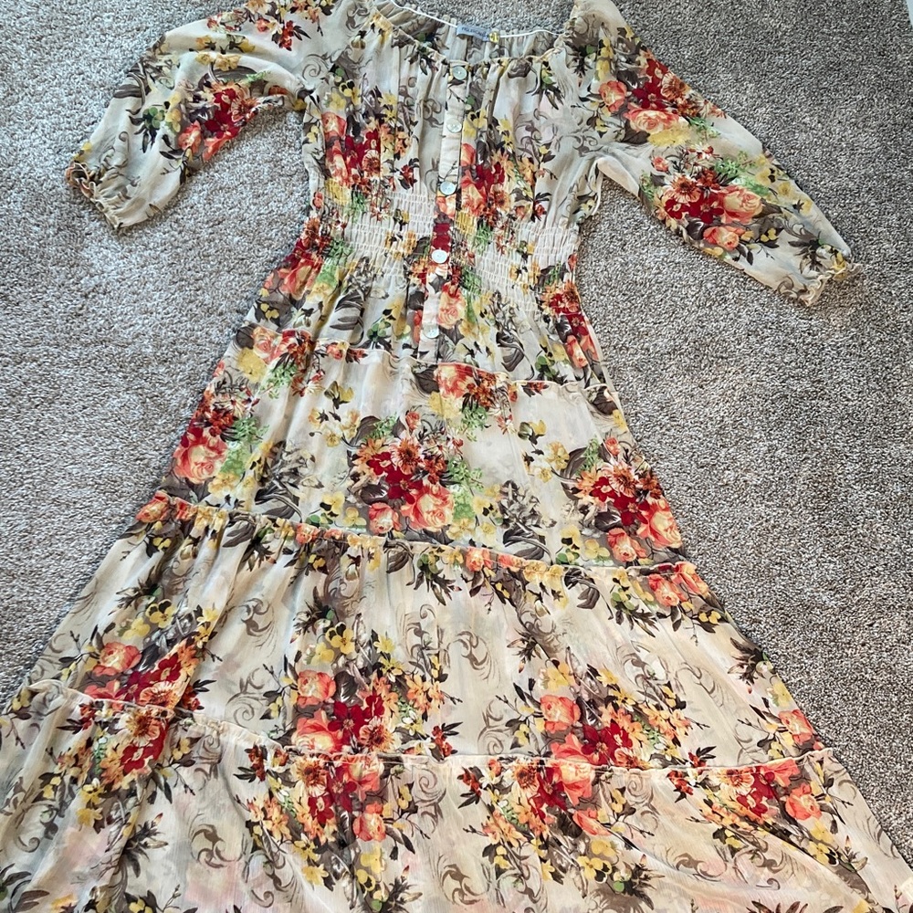 figueroa & flower Floral Sheer smocked Tiered Cottagecore Dress Boho sz L